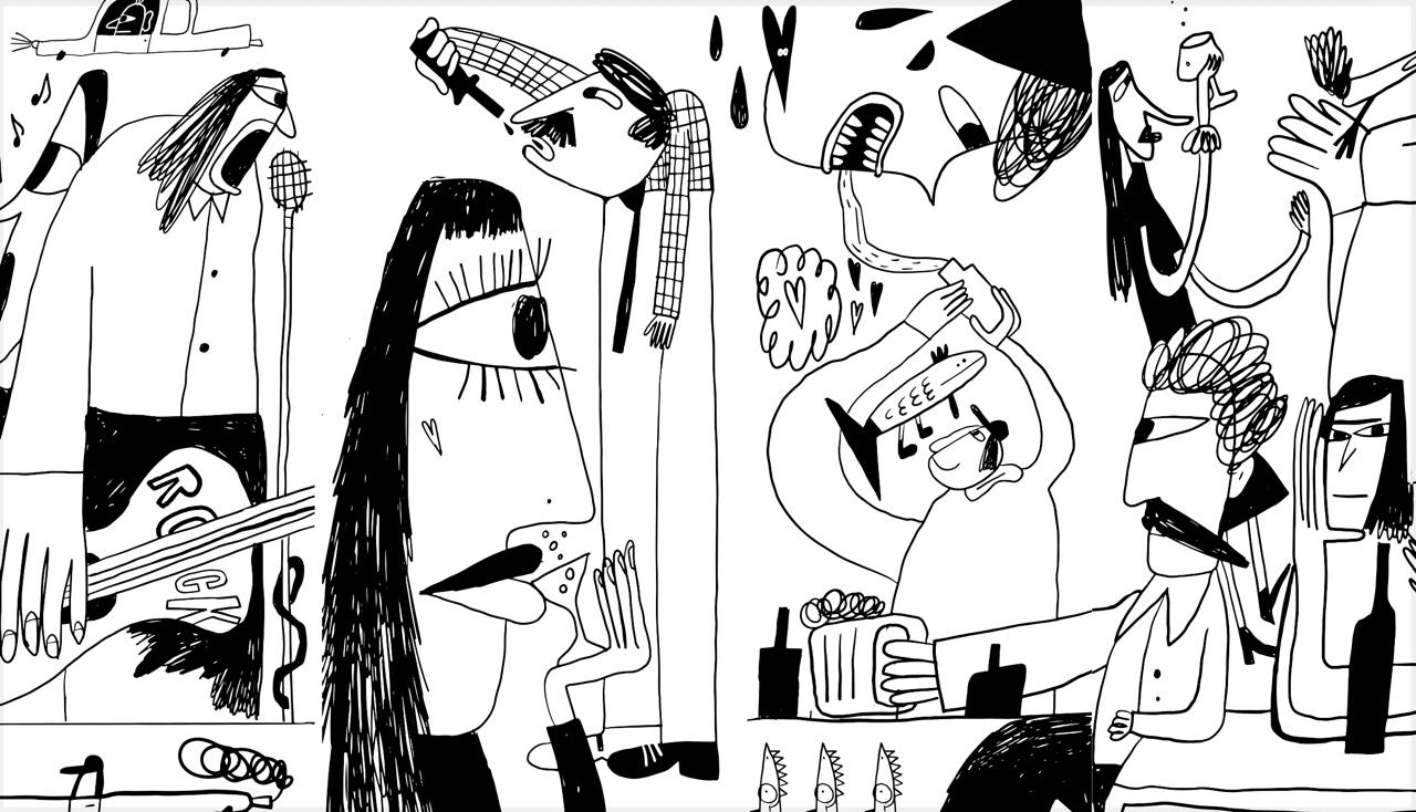 Ink drawing of a crowded bar full of guests raising glasses